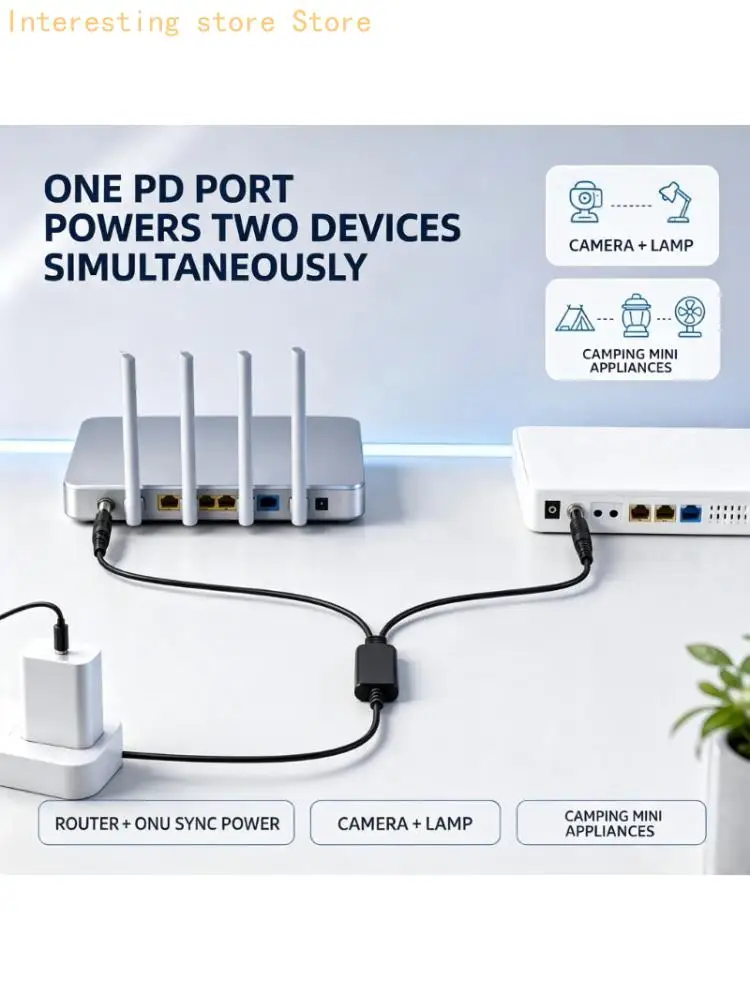 USB Type C to Twin Round-Tip Cable for 12 V Systems, Two 35.4 in Output Cords in a Black PVC One-to-Two Splitter for Compatible