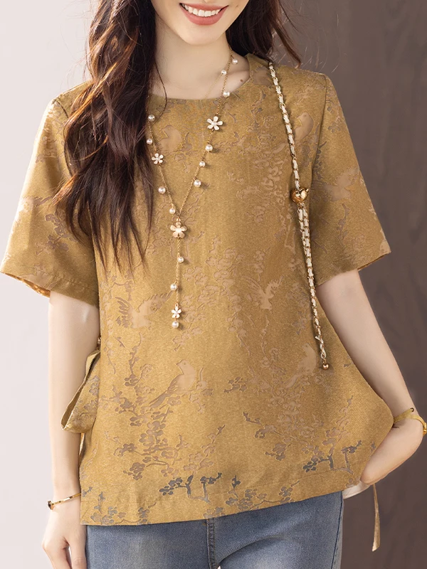 เสื้อยืดปักลายดอกไม้ ไซส์ใหญ่ ดีไซน์ผูกโบว์ด้านข้าง ทรงกลม ใส่ได้หลากหลาย สไตล์ลำลอง เหมาะกับการเดินทาง ทรงหลวม...