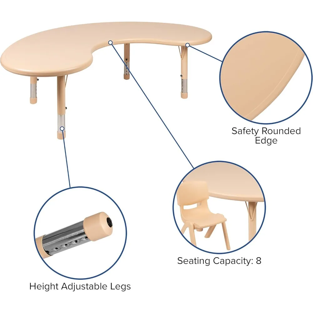 Juego de mesa de actividades ajustable de plástico Natural, media luna, 35 "W x 65" L, 4 sillas, silla apilada de 10,5 "contorneada, una pieza