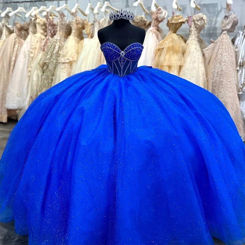 

Royal Blue Quinceanera Dresses Ball Gown Off The Shoulder Beads Crystal Bow Tull Party Birthday Sweet 16 Dress Vestidos 15 anos