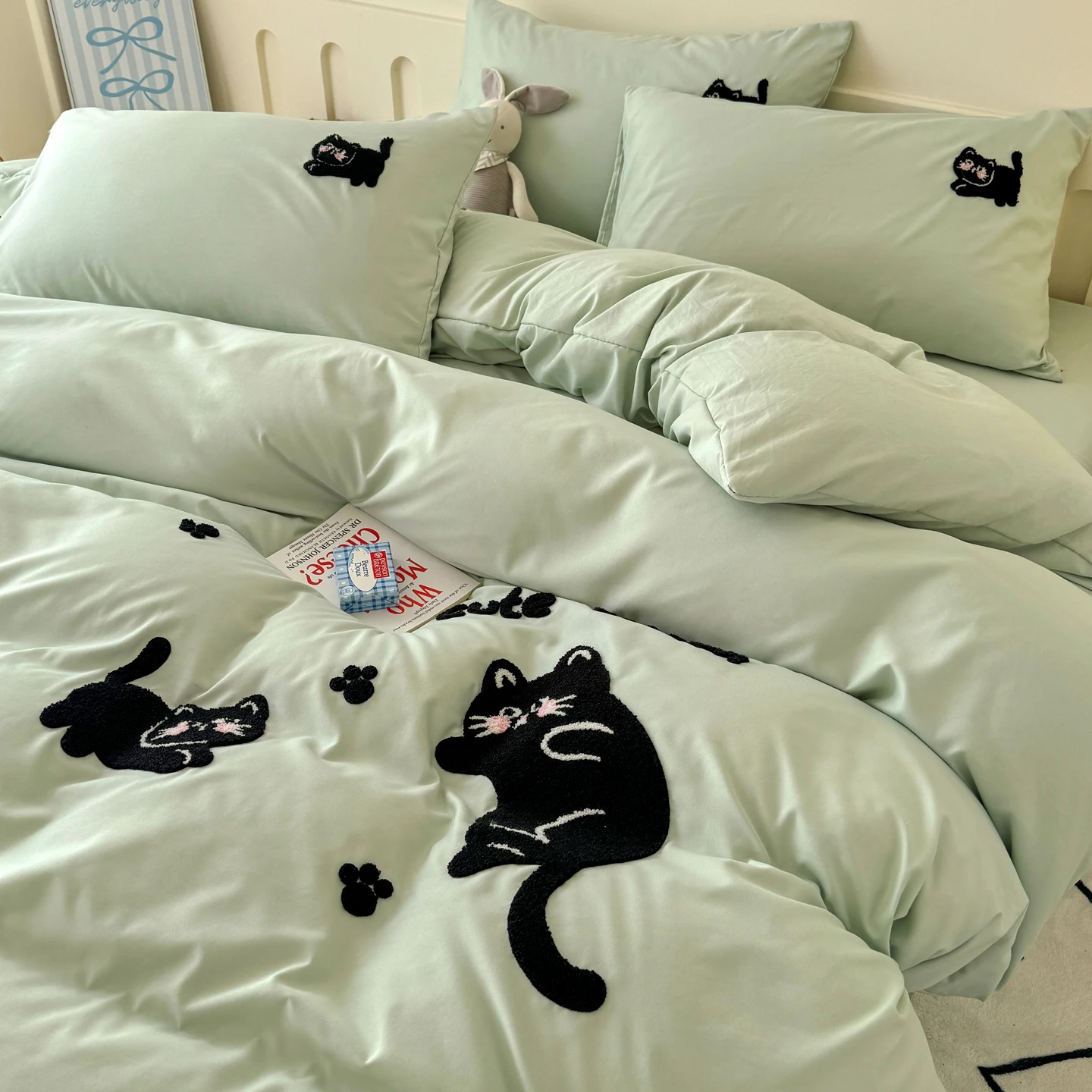 2026 New Korean Ins Bedding Set, Mint Green Lovely Cat Skin-friendly Cover, Single Queen King Size for Bedroom Dormitory Decor