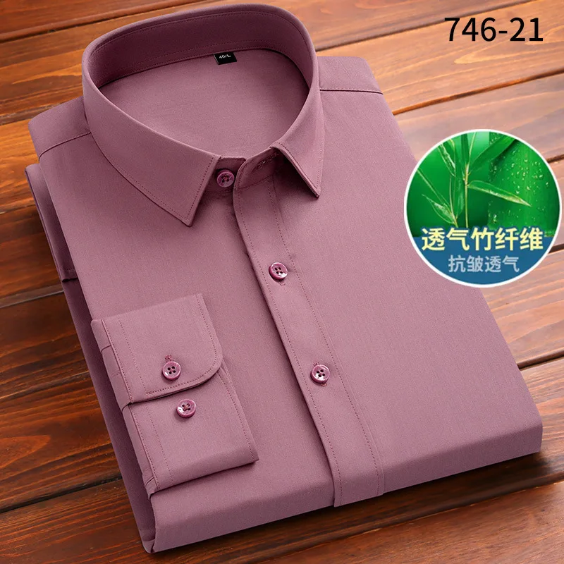 Bamboo fiber elastic long sleeved shirt versatile for business and leisure, silk smooth and wrinkle resistant men's clothing