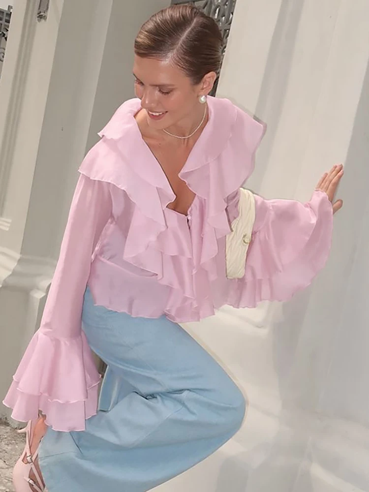 JULISSA MO szyfonowa seksowna koszulka z dekoltem w serek wzburzyć damska koszulka różowy rozszerzany rękaw jednorzędowa koszulka Lady lato casualowe w stylu Streetwear 2025
