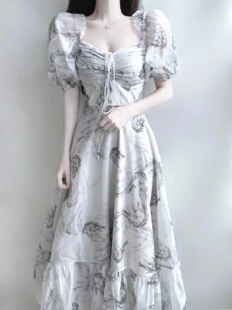 فستان نسائي مطبوع عليه زهور ، فساتين حفلات متوسطة الطول ، مثير ، على الطراز الفرنسي ، كاجوال ، على الموضة الكورية ، أنيق ، كلاسيكي ، صيفي ، جديد ،