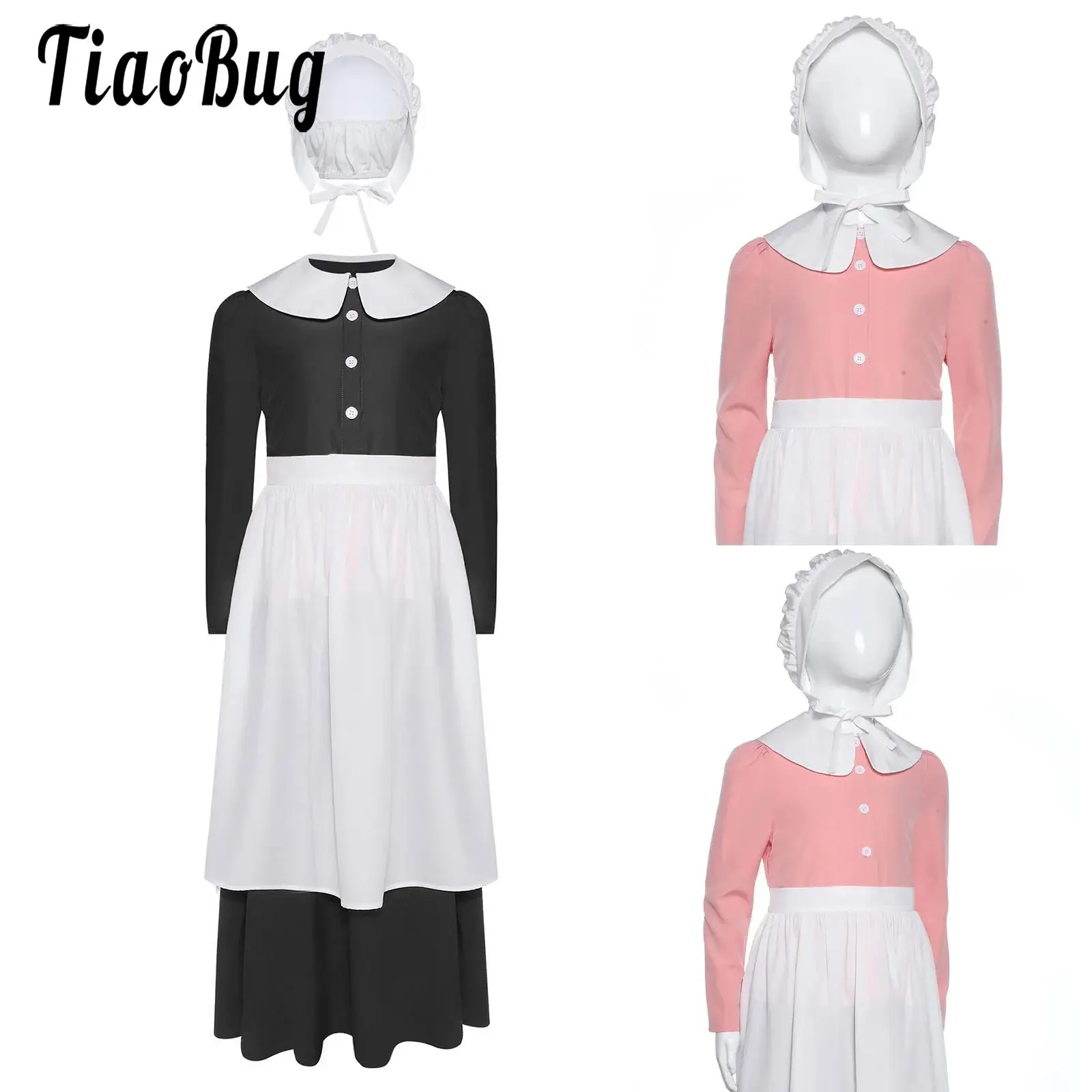 

Kids Girls Halloween Pilgrim Maid Role Play Dress Vintage Victorian Poor Girl Cosplay Costume Outfits for Masquerade Party Gown