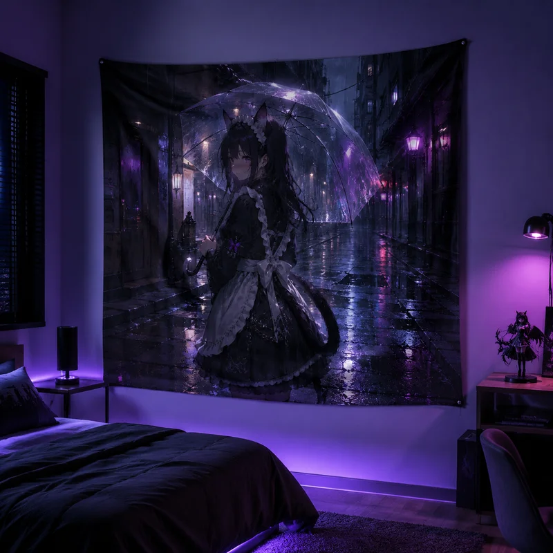 VIKAMA Dark Anime Neko Maid Tapestry Gothic Aesthetic Teen Boys Girls Dorm Bedroom Gaming Room Apartment Wall Decor