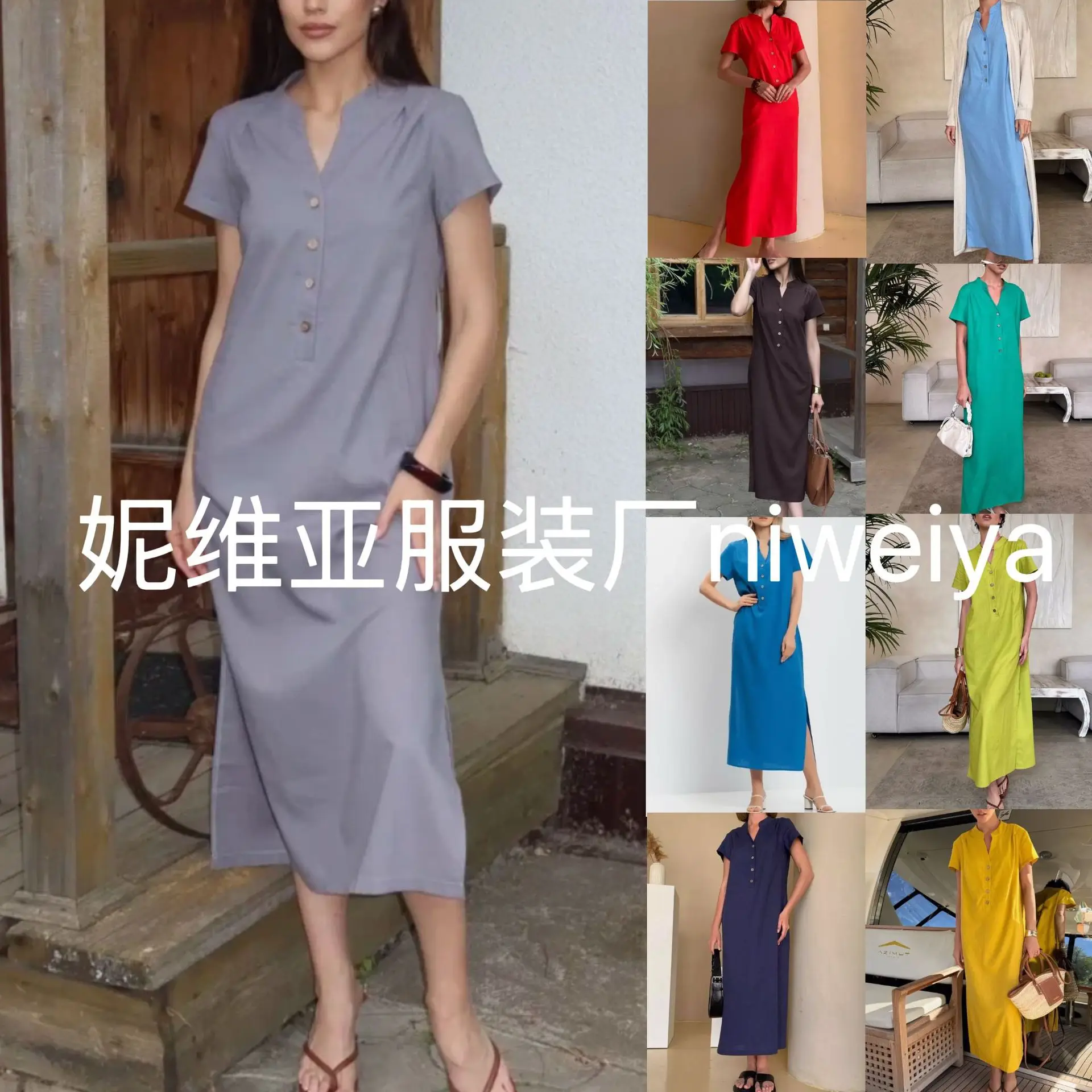 

Button Front Open Loose Plain Cotton Linen V Neck Short Sleeve Midi Dress Dresses Spring Summer Casual Flowy
