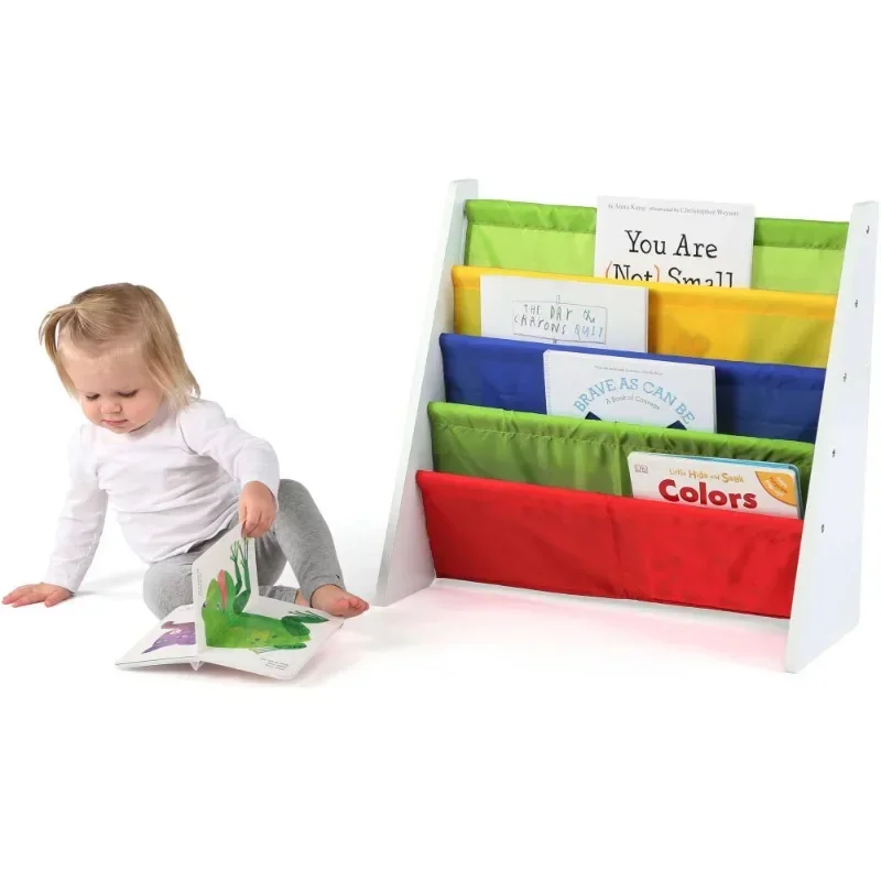 Estante de libros para niños con mangas de eslinga de tela, primario/blanco