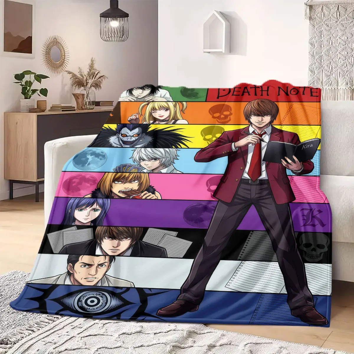 Death Note Smart Print Flannel Blanket, Cartoon Decorative Pattern, Soft and Warm for Bed and Couch, Travel Blanket_LIAN