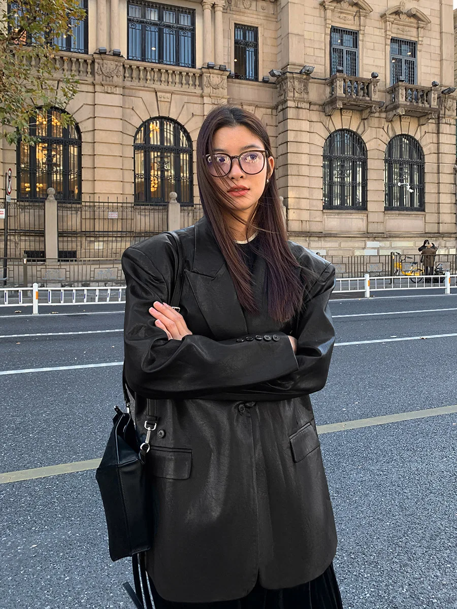 

Женский костюм из мягкой экологически чистой кожи, винтажная верхняя одежда, дизайн на пуговицах, осень-зима, новый Sle Street Sle PU Le...