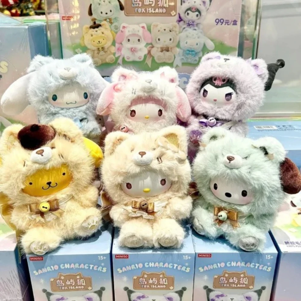 

MINISO Sanrio Characters Fox Island Plush Blind Box Kuromi Vinly Face Pendants Mystery Surprise Trendy Box Melody Cute Keychain