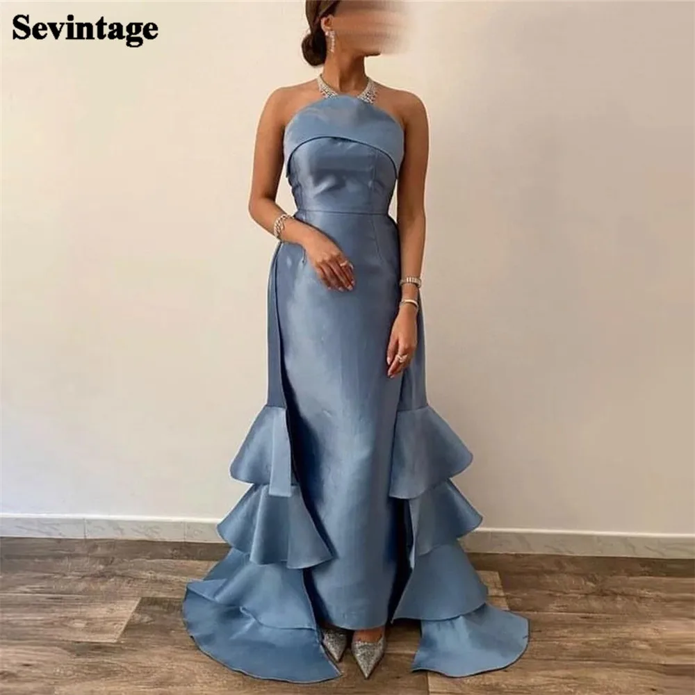 

Sevintage Elegant Haze Blue Saudi Arabic Prom Dresses Strapless Floor Length Evening Gown Formal Women Occasion Party Dresses