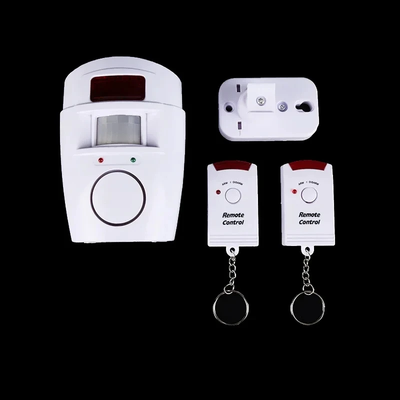 Sensor de movimiento PIR inalámbrico con 2 adaptadores de corriente de Control remoto, Detector de alarma para casa, cobertizo, garaje, caravana, sistema de seguridad