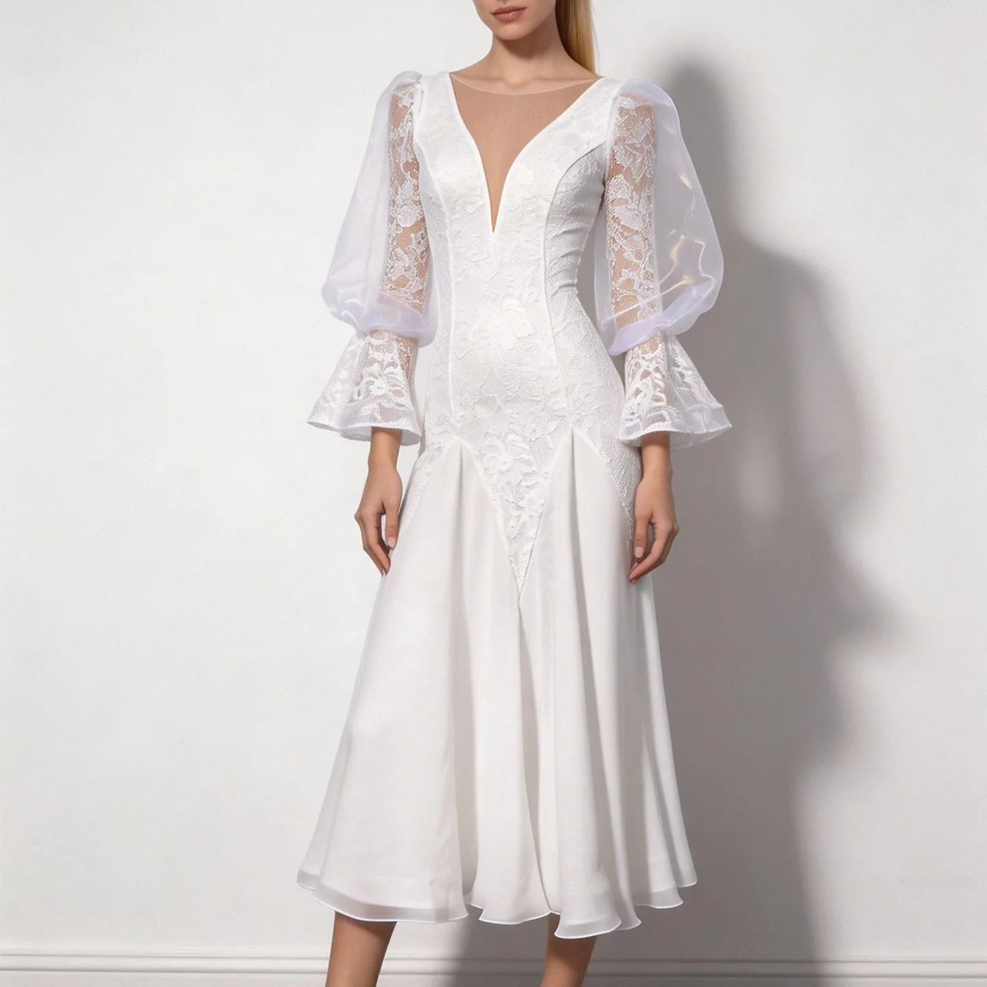 2026 Modern Dance Dress Women's Ballroom Dance New Flared Sleeve Lace Wavy Waltz Ballroom Dance Practise Big Swing Dresses
