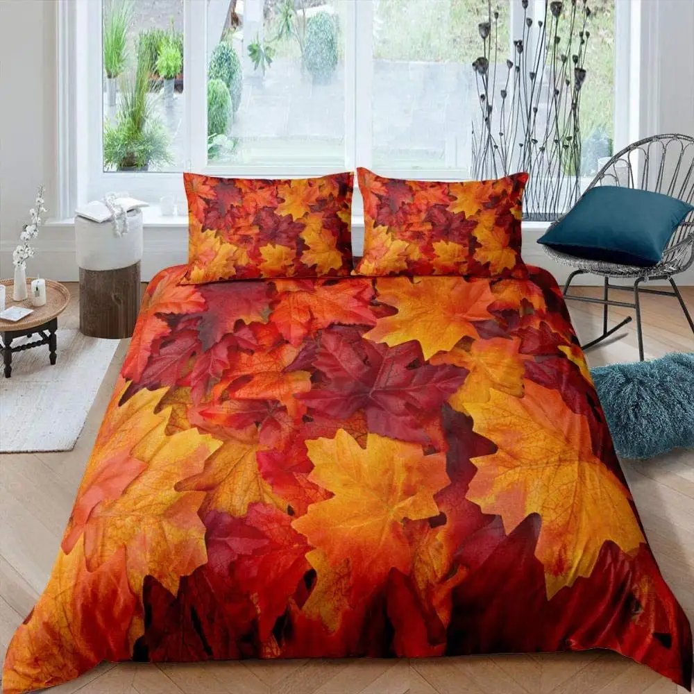 

Maple Leaves Duvet Cover Set Colorful Autumn Season Maple Leaves In Unusual Designs Nature Print King Size 2/3pcs Bedding Set