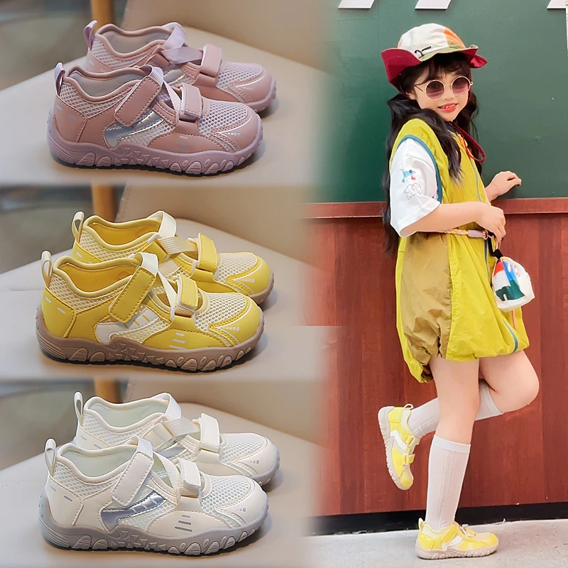 Little Girls Cut-outs Mesh Sneakers 2026 New Summer Chunky Sporty Sandals Soft Sole Comfort Versatile School Barefoot Trainers