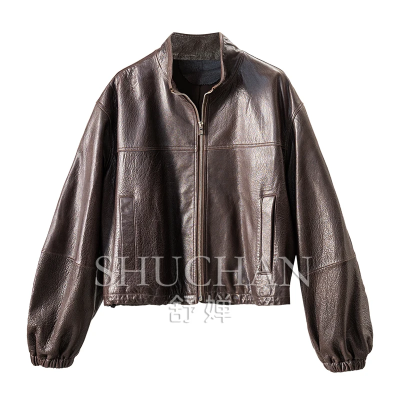 Lusso di qualità, giacca in pelle con colletto rialzato in pelle di pecora modello Illy Lychee da donna 84B1 Giacca in vera pelle da donna