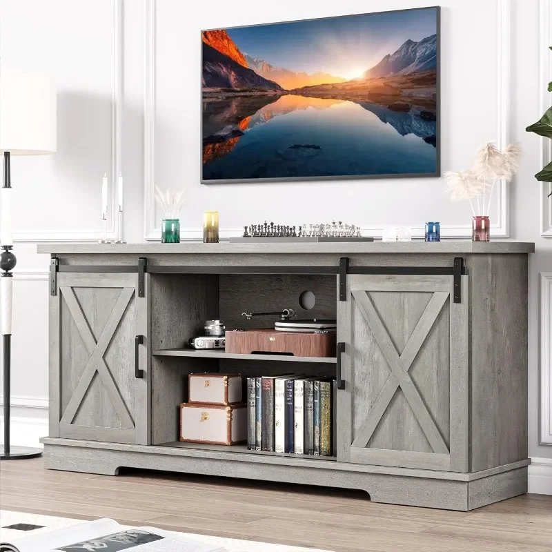 Farmhouse TV Stand for 65 Inch TV, Entertainment Center with Storage and Sliding Barn Doors, Modern Media TV Console