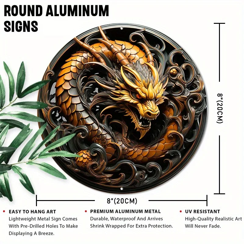 Round Aluminum Metal Sign,Creative Dragon Pattern Wall Art Metal Sign,Home And Office Decor, garage wall decor room decoration
