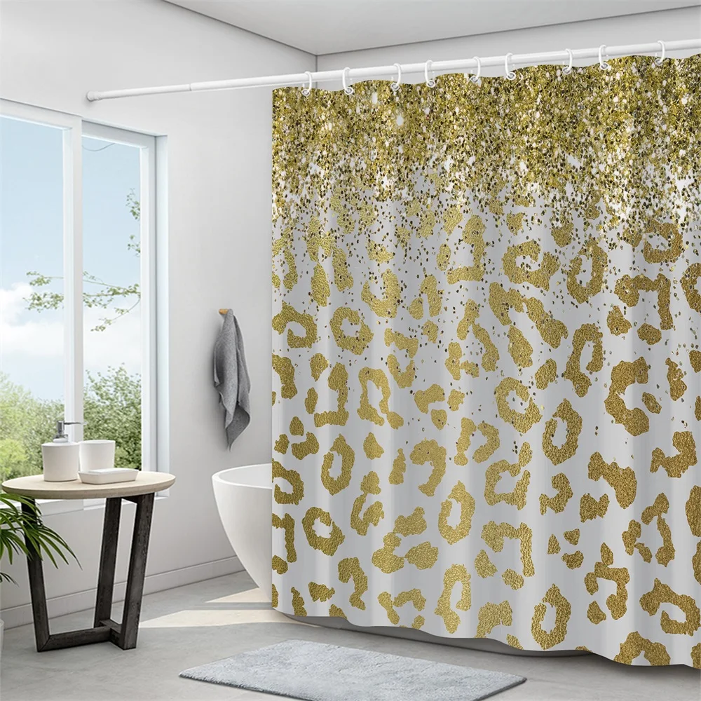 1PC, sprinkle gold leopard print, modern home bathroom waterproof shower curtain, with 12 plastic hooks, 71in*71in