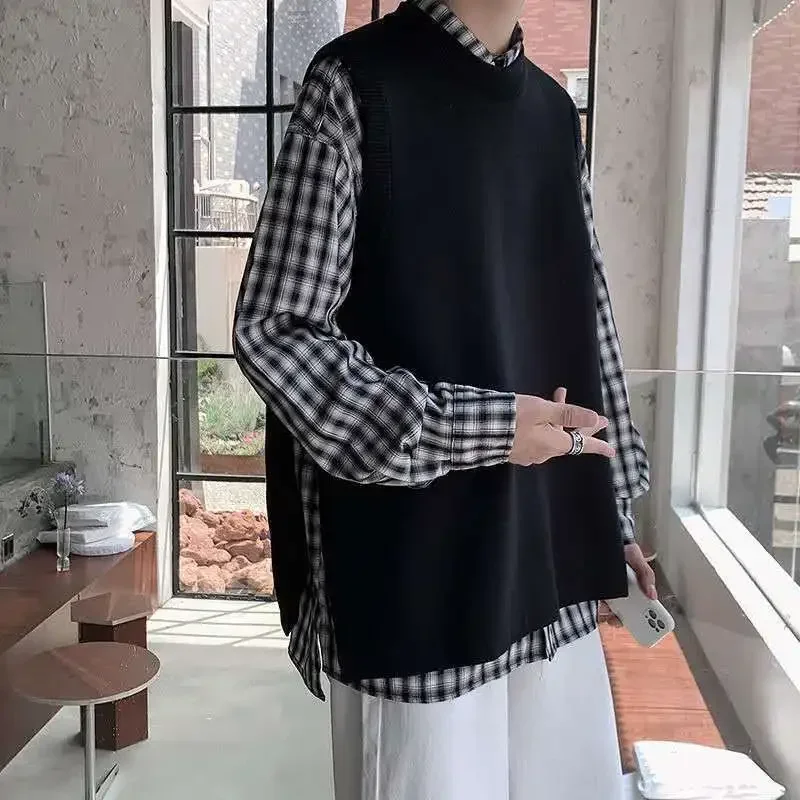 

Man Clothes Vest Crewneck Sleeveless Plain Knitted Sweaters for Men Round Collar Solid Color Slit Waistcoat Y2k Vintage Order A