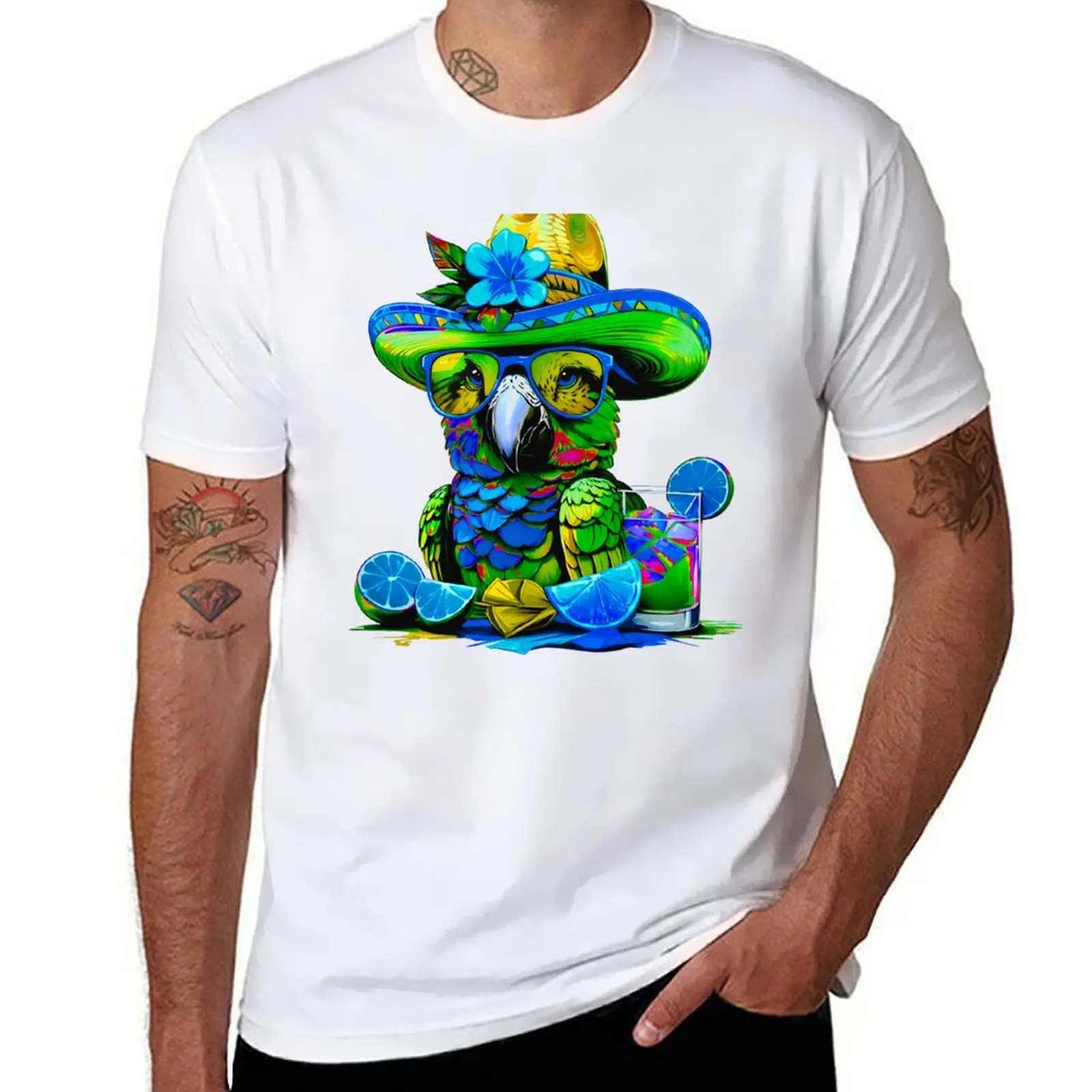 

Fabulous Parrot Summer Vibes Sunglasses Refreshing Lime Cocktails T-Shirt t shirt man casual essential t shirt T-Shirt