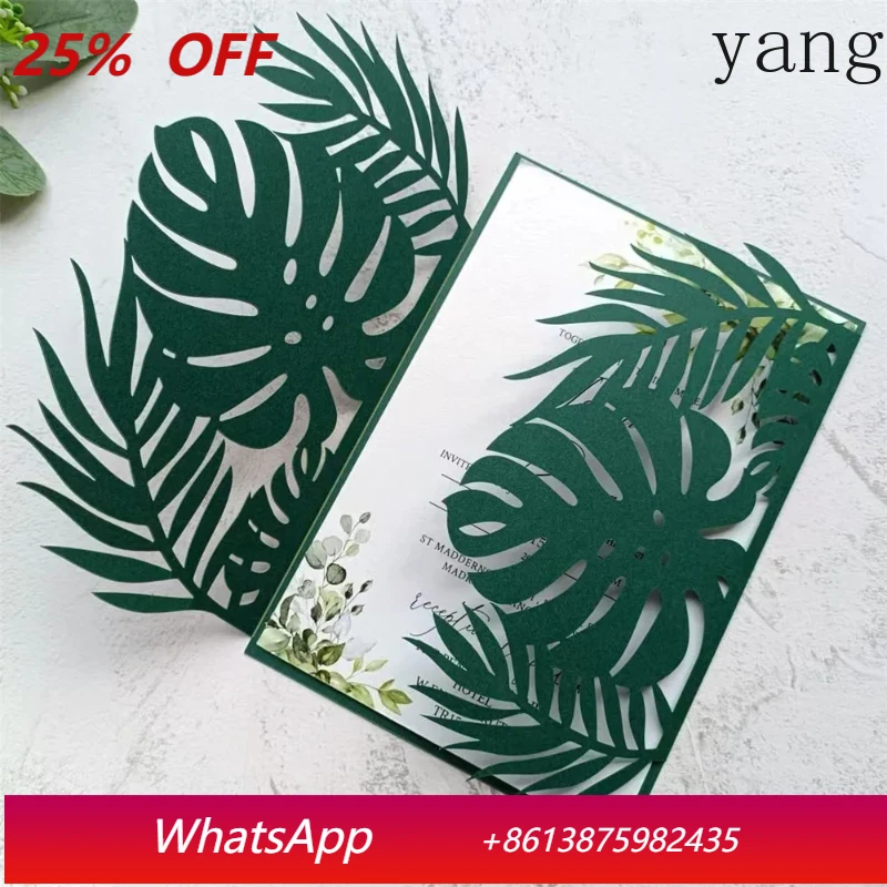 

Green Palm Laser Cut Wedding Invitation Cards Personalized Printing Decorative Pieces 50 Sets