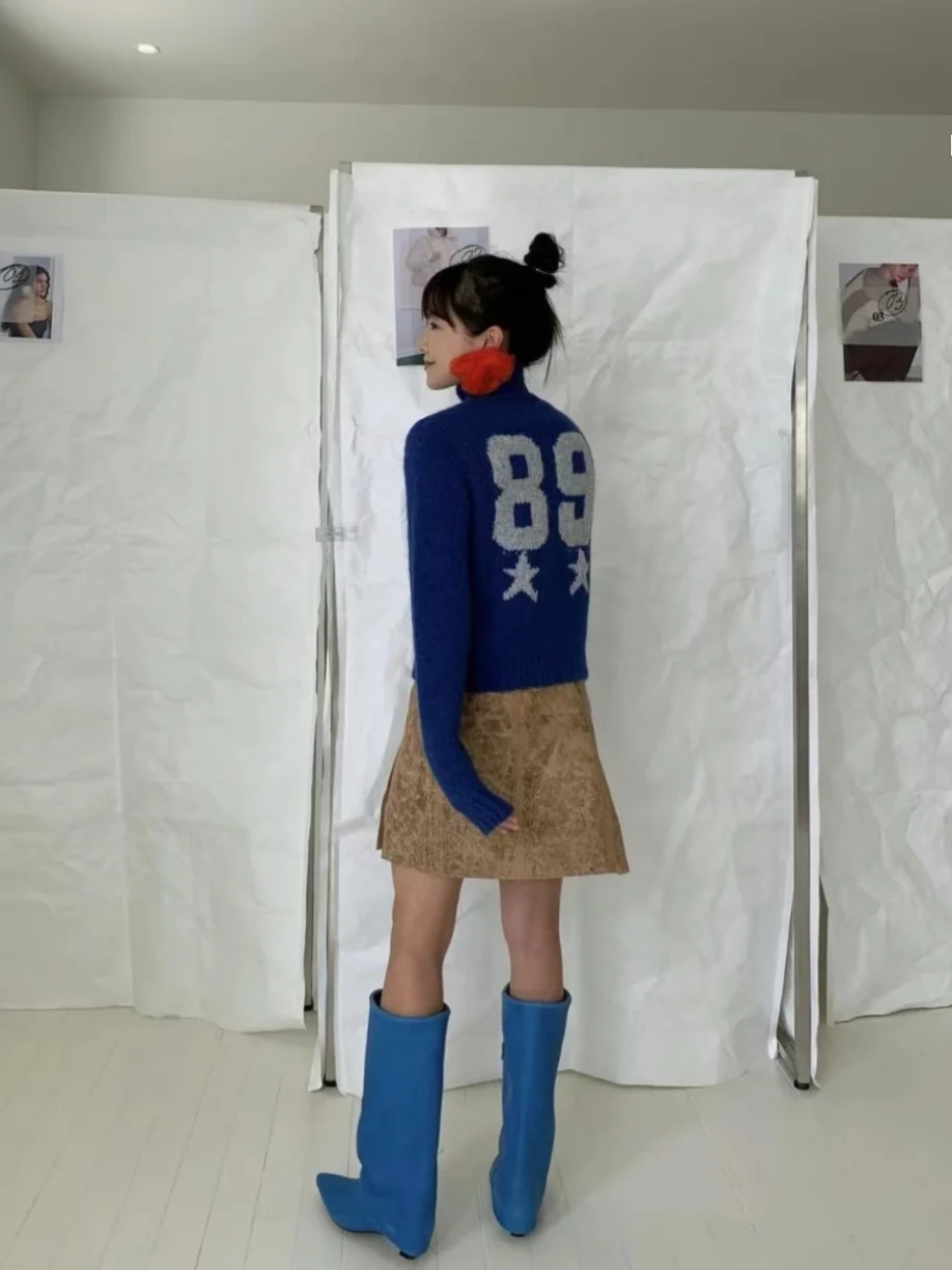 سترة صوفية ناعمة محبوكة بياقة زرقاء بسحاب ونقش زهور مطرز، كارديجان بياقة عالية للخريف والشتاء