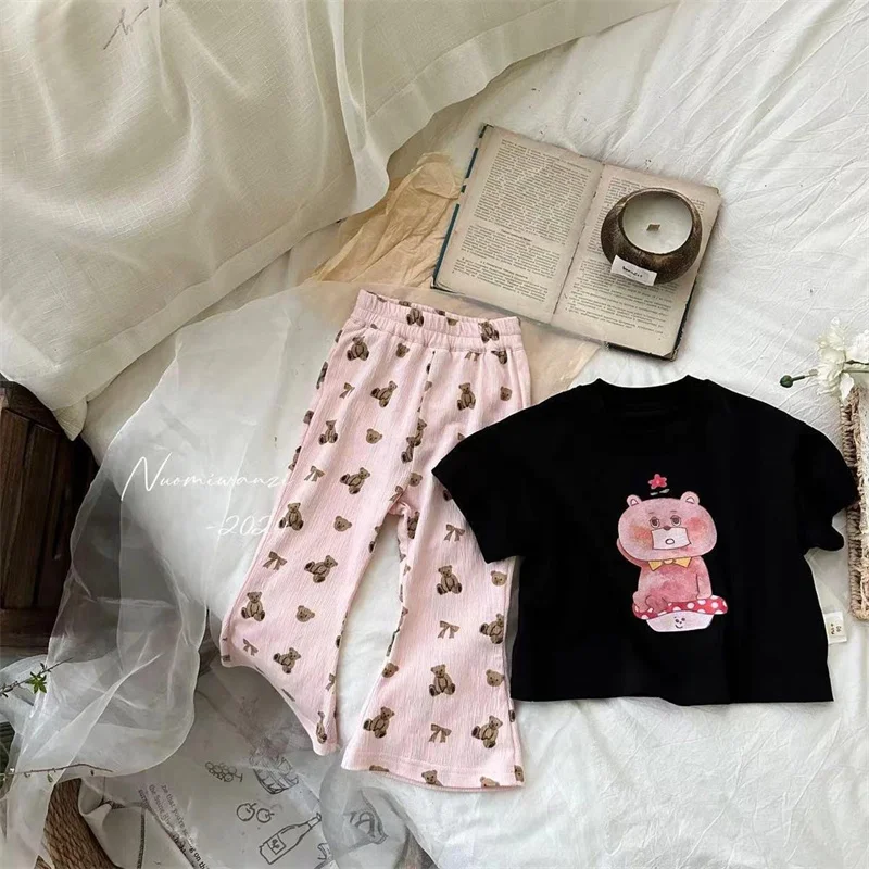 

2024 Girls Cute Set Baby Sweet Short Sleeve Tops and Bottoms Suit Summer Children Round Neck Casual Fashion Pants 2 Pieces 2-8Y