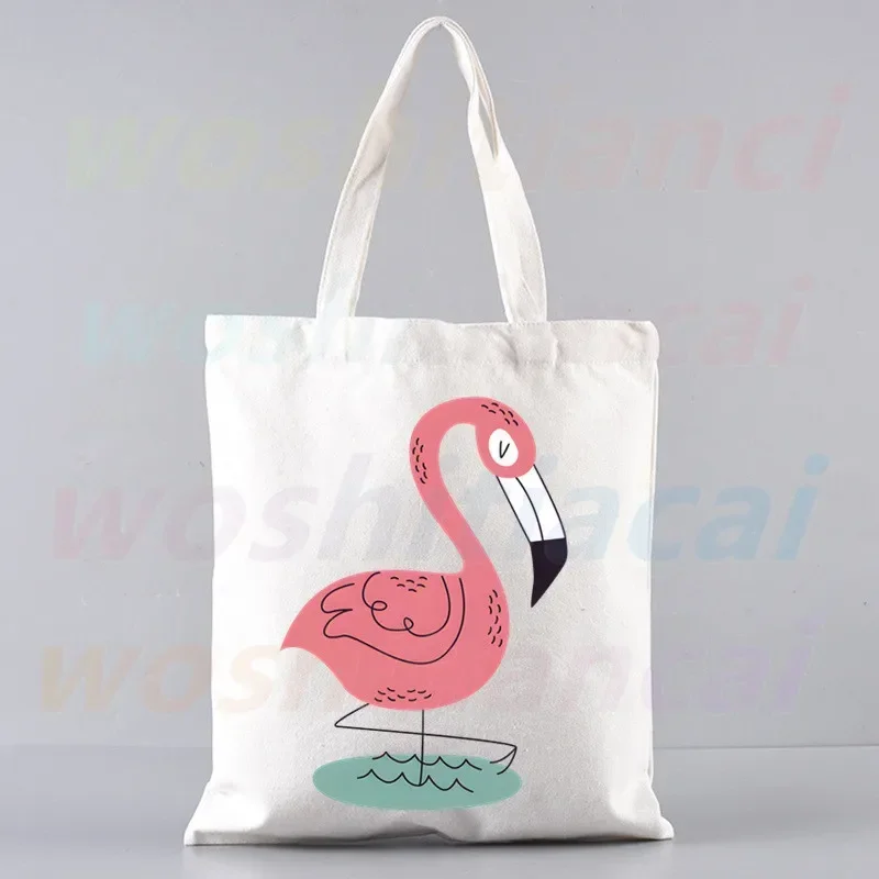 Flamingo Print Canvas Shoulder Tote Bag for Women Handbags Eco Reusable Shopping Bag Vintage Fashion Ulzzang Bags