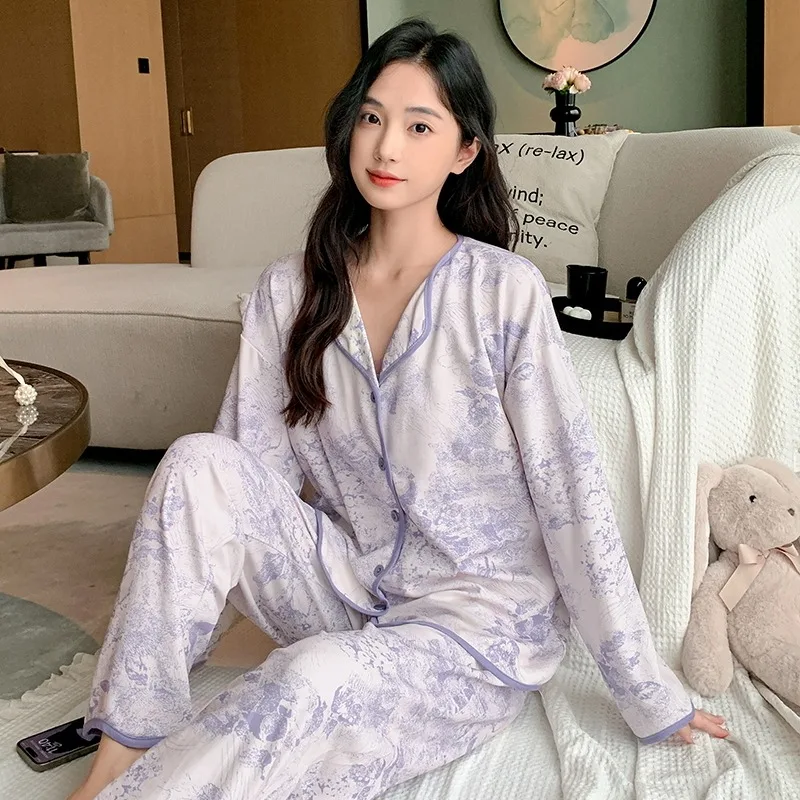 Light Purple Casual Women Pajama Cute Sleepwear Autumn Winter Long Sleeve Long Pants Soft Pyjamas Cozy Pijamas Girl Pijama Comfy