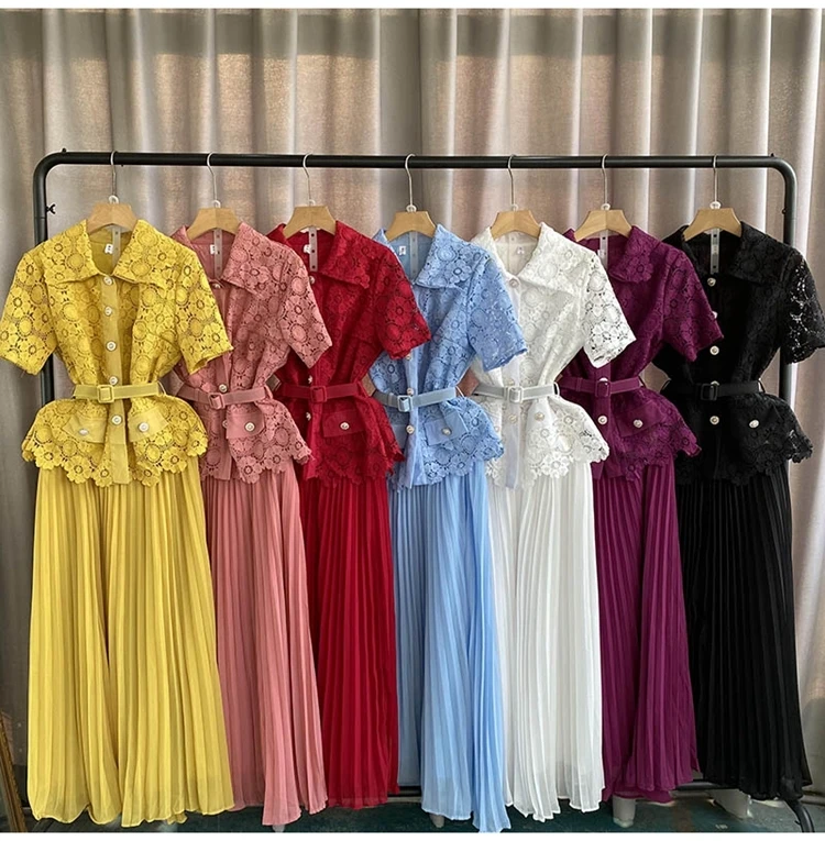 Runway Lace Chiffon Dress For Women 2023 Summer Single Breasted Embroidery Flower Short Sleeve Midi Long Prom Vestidos Evening