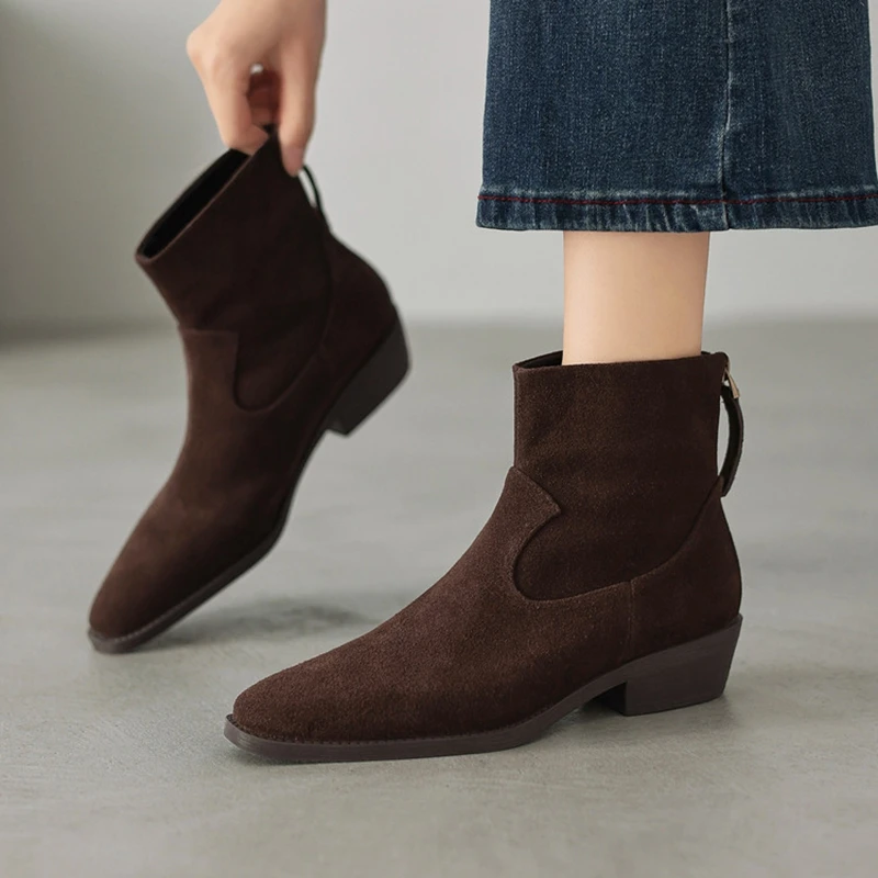 NEW Autumn/Winter Women Boots Sheep Suede Leather Shoes for Women Square Toe Chunky Heel Shoes Zip Short Boots Solid Daily Shoes