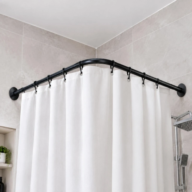 E7CD Shower Curtain Rod with 201 Steel Body, Flat End Plates and Telescoping Tension-Mount Structure for Bathroom Use