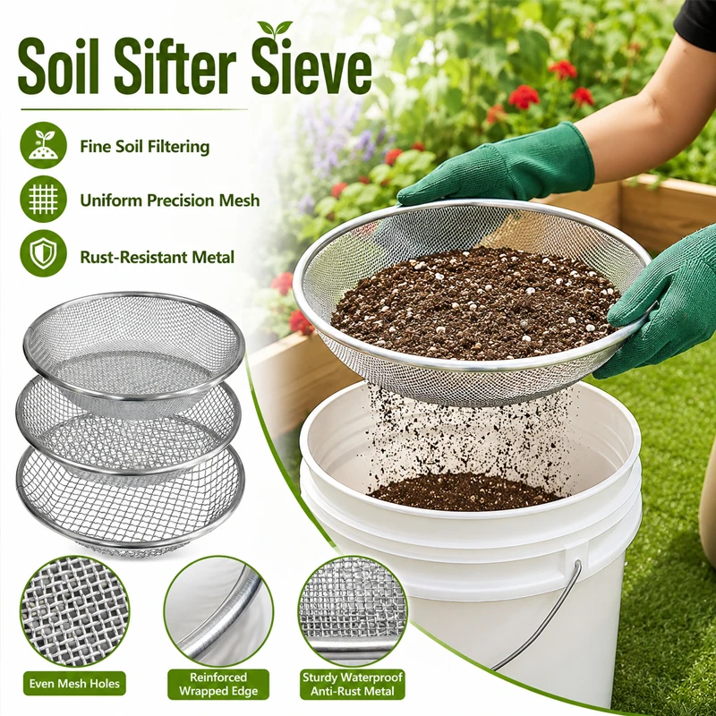 Soil Sifter Sieve 3 Mesh Sizes Heavy Duty Galvanized Compost Screen Fits 5 Gallon Bucket Rustproof Garden Sifting Tool