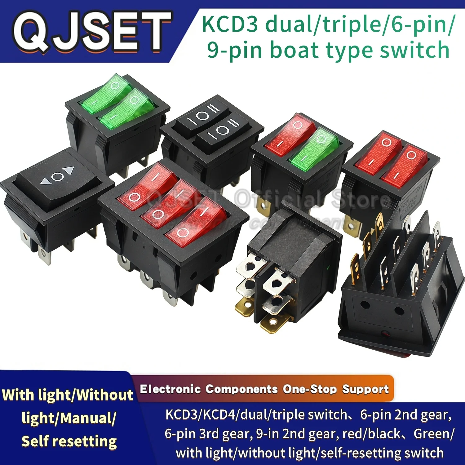 1 interruptor de encendido/apagado de 2/3 velocidades KCD3/4/8 dual de 6 pines/triple de 9 pines, con luz roja/verde, para wok eléctrico, 15A 250V 20A