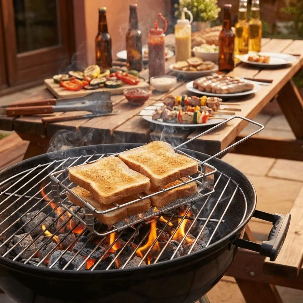 Versatile Stainless Steel Bread Toaster Folding Bread Tray Barbecue Grill Portable Compact Sausage Grilling Rack Outdoor Camping