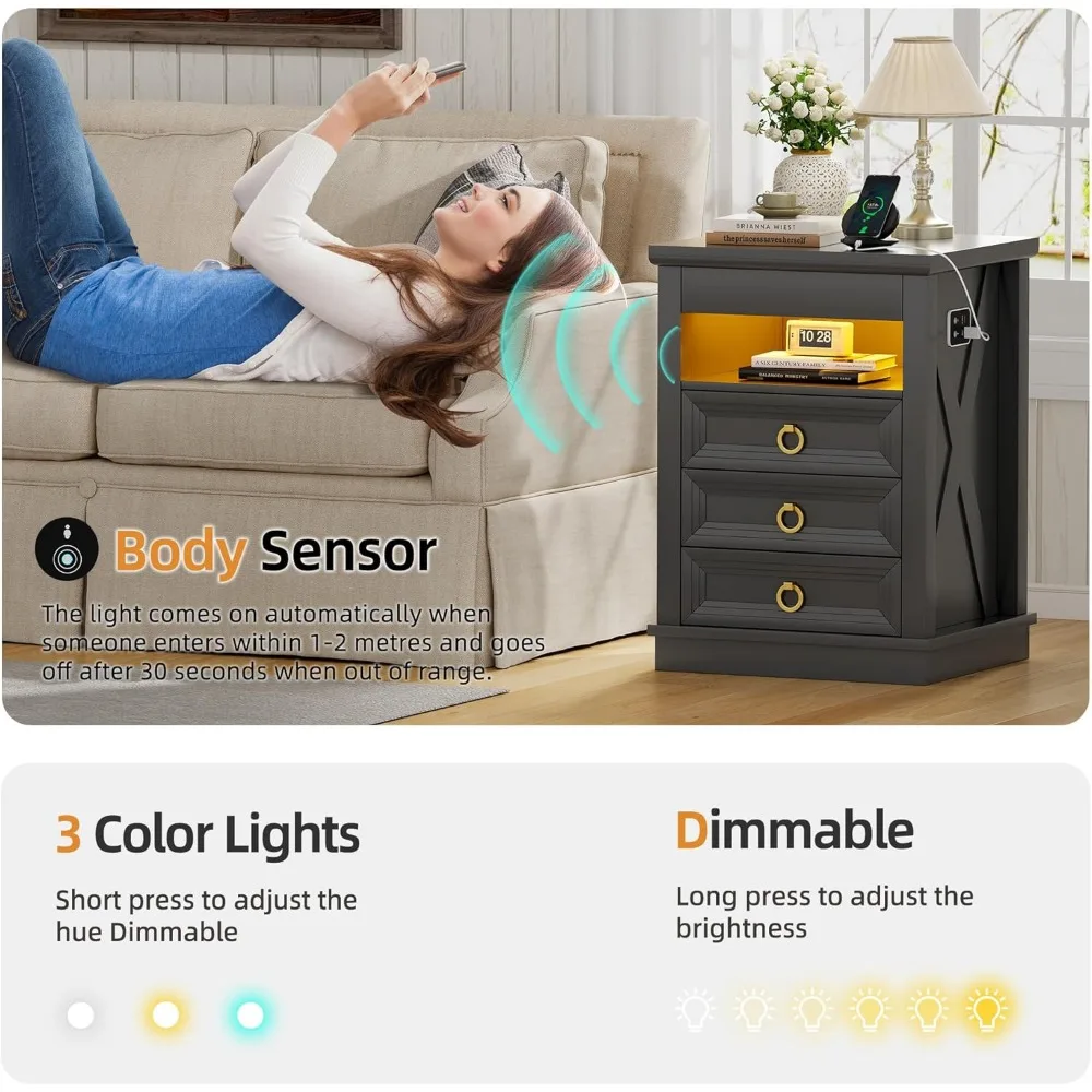 "منضدة تخزين آمنة في 3 ألوان مع إضاءة LED قابلة للتعديل ومنفذ شحن USB"