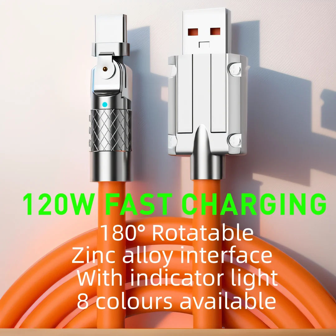 180° Rotatable 120w Super Fast Charging Cable Liquid Silicone Mobile Game USB Type-C Charge Elbow Cable For Xiaomi iPhone Huawei