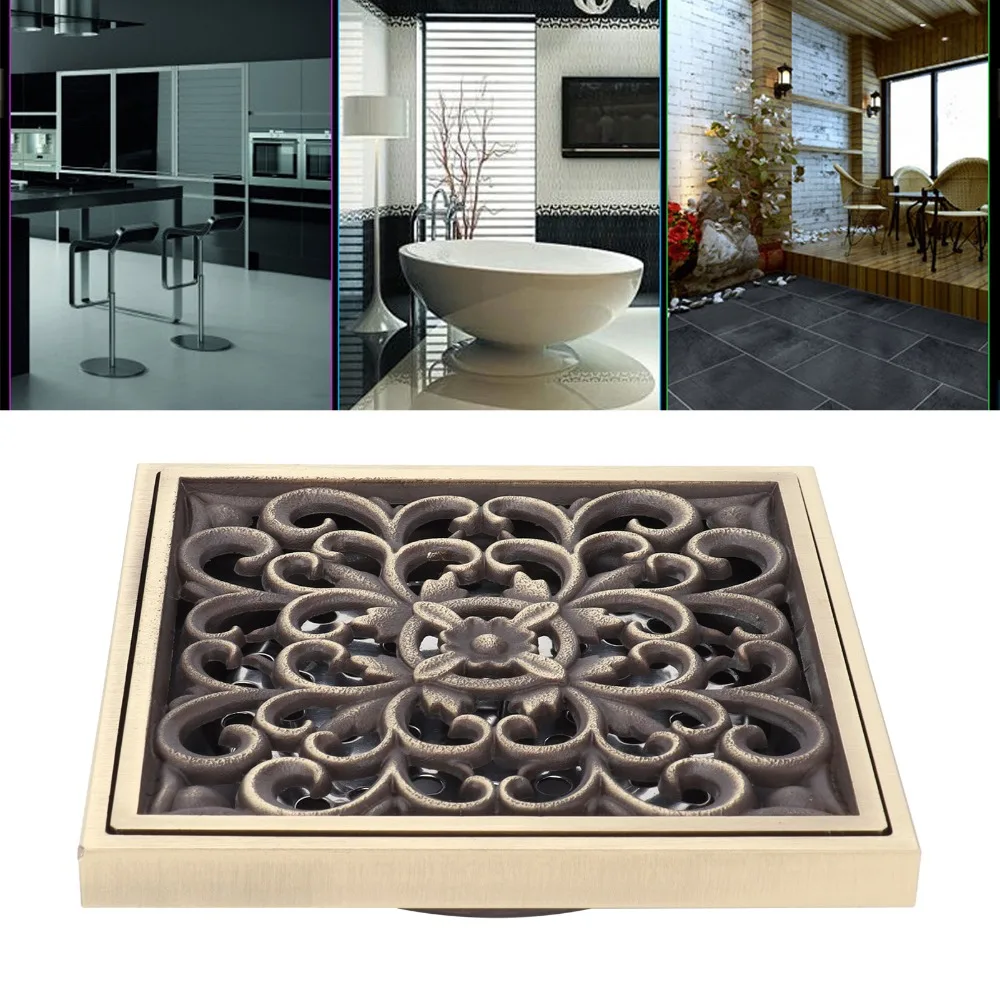 Antique Finish Shower Drain Kit Copper Material 10x10cm/3.9x3.9in Size Drain Strainer Square Shape Fits 50/75mm Pipe
