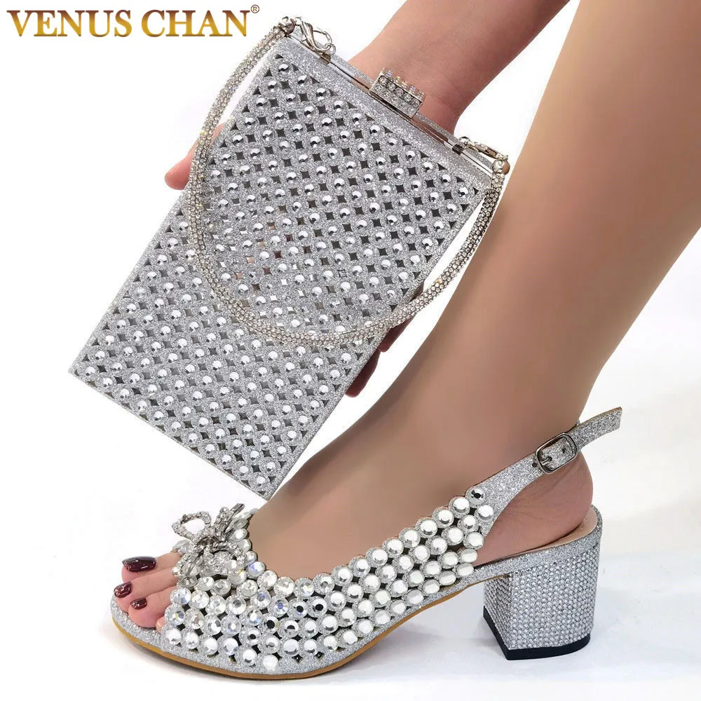 Venus Chan 2023 New Italian Design Full Drill Elegant Silver Evening High Heels Wedding Party Shoes Matching Clutch Handbag