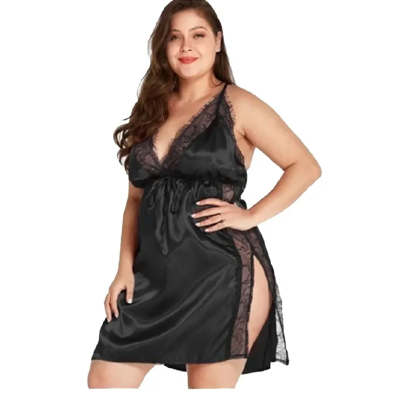 Fashion Sexy Spaghetti Strap Slit Sleeping Dress Lace Patchwork V-neck Satin Suspender Nightgown Womens Fun Lingerie Nightdress