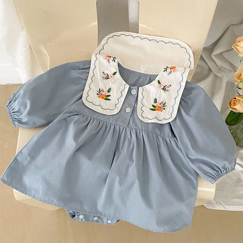 

Spring Toddler Kids Baby Rompers Infant Baby Girls Long Sleeve Jumpsuit Embroidered Collar Baby Girls Rompers Children Clothes