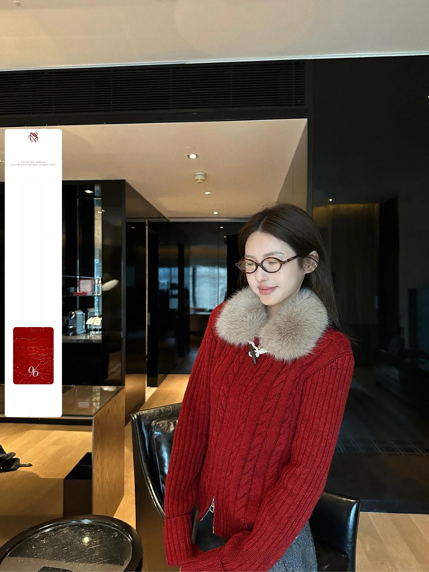 

Red Knitted Sweater with Double Zipper And Fur Collar Slim Fit Casual Warm Cardigan Outerwear for Women Winter Faion