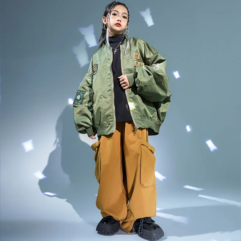 

Kid Kpop Hip Hop Clothing Army Green Bomber Jacket Windbreaker Brown Wide Cargo Pants for Girls Boys Jazz Dance Costumes Clothes