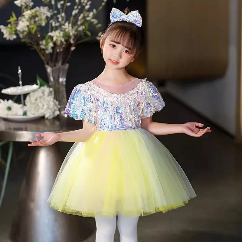 

Sequin Dance Costume Girls Lyrical Contemporary Freestyle Christmas Yellow Modern Dance Dress Girls Children Kids