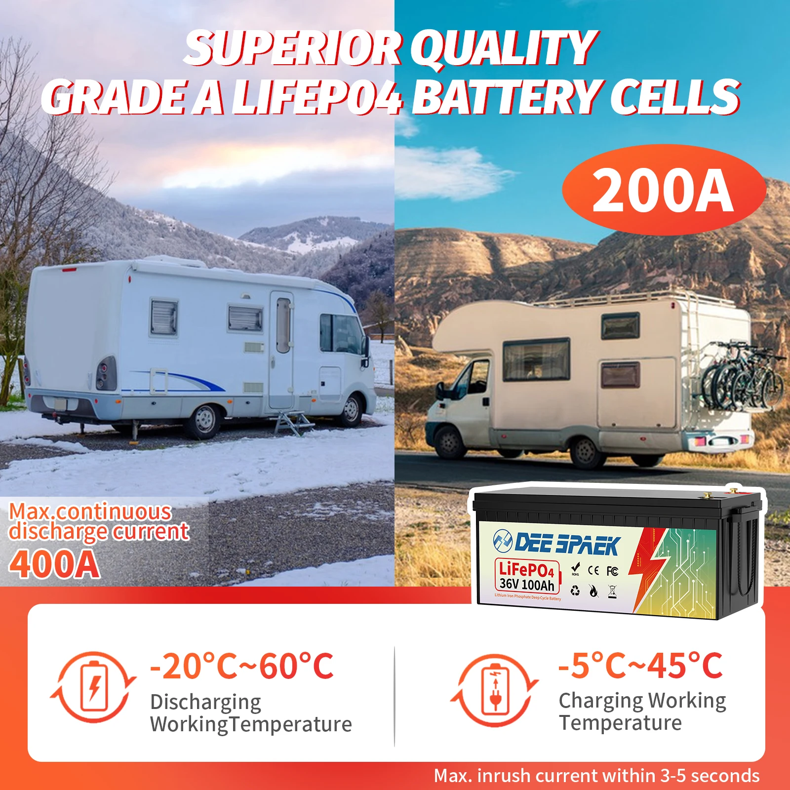 USA/EU Stock 36V LiFePO4 Battery 100Ah Built-in BMS 36V Deep Cycle Batteries 100ah For RV Campers Off-Road Off-grid Solar Wind