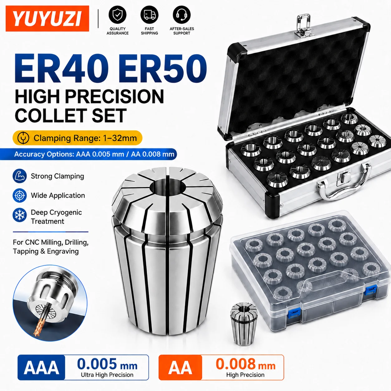 Precision ER40 ER50 Collet Set 4-26mm AA AAA Grade Spring Chuck 0.008mm Accuracy for CNC Milling Machine Tool Engraving Machine