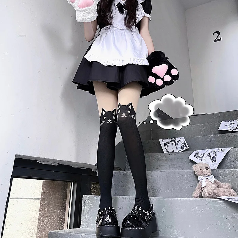 Lolita Cat Print Splicing Stockings Japanese Cute Student Girl Two-dimensional JK Uniform Animal Bottom Pantyhose for Women