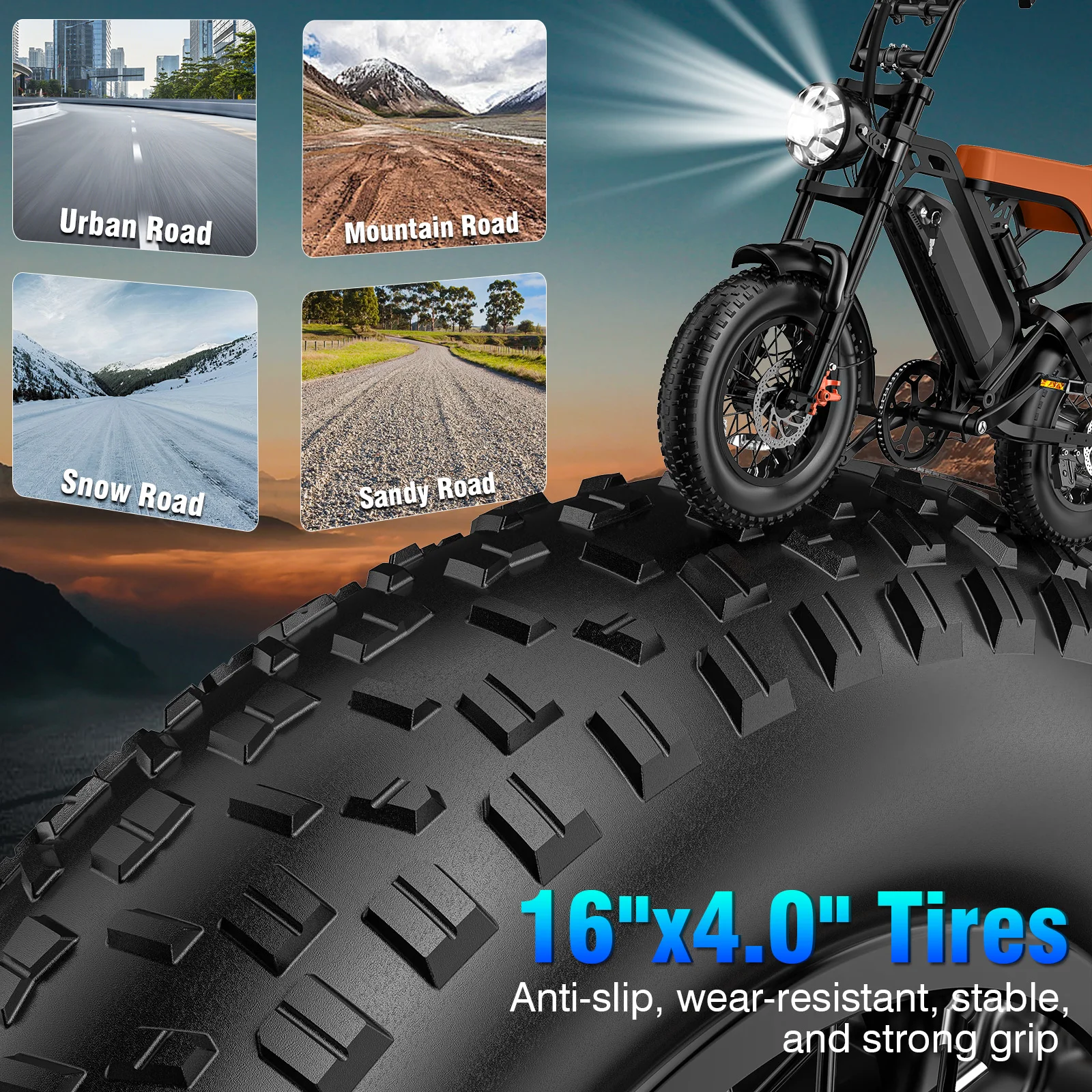 1000W Peak Motor Electric Bicycle 48V15AH Detachable Battery Electric Bike Dual Disc Brakes 28MPH 16*4 Inch Fat Tire Snow Ebike